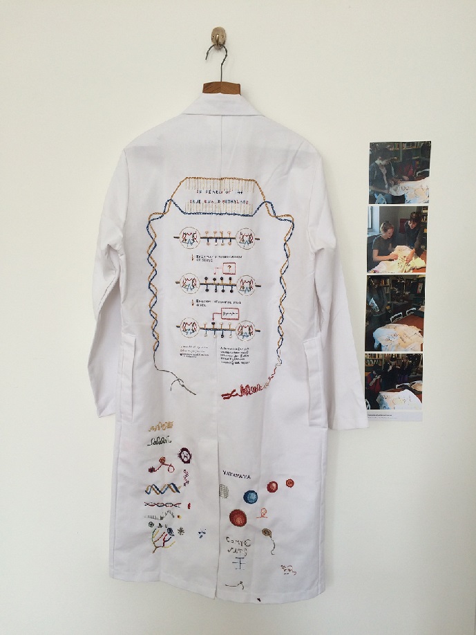 Embroidered lab coat produced by Sculpture Pathway student Georgia Ward Dyer. 