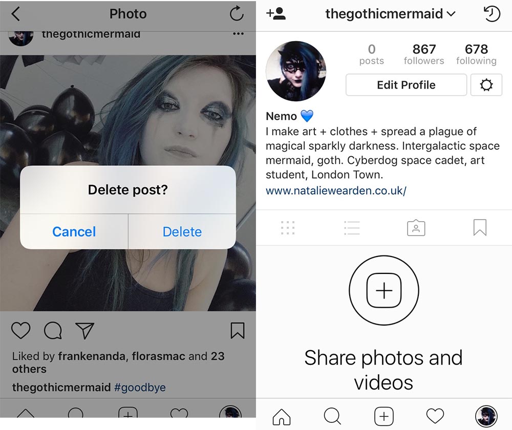 Screenshots from Natalie's account as she deletes the last photo during the performance.