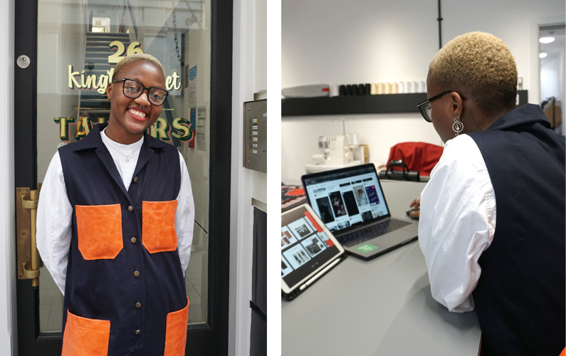 Portrait of Takudzwa Chigaduro outside 26 Kingly Street Tailors and inside the studio
