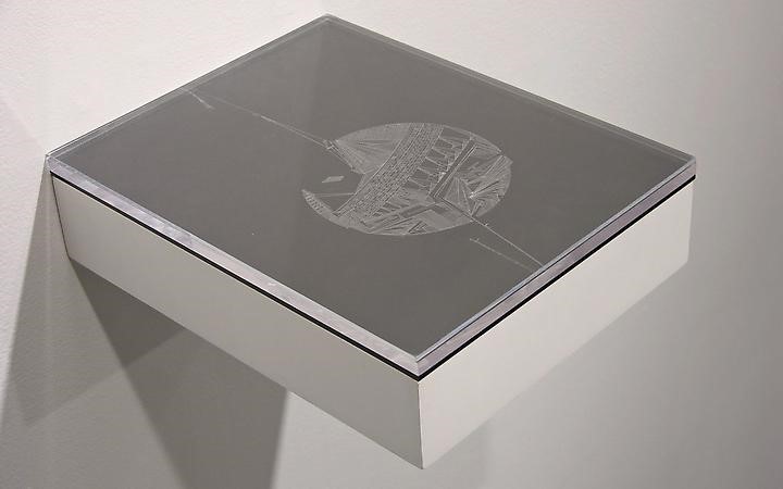 Perspex knife drawing by Iona Mitchell - upturned piece of Perspex which architectural drawing etched into the plate
