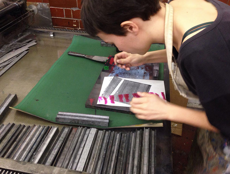 MA Fine Art: Digital student working in the letterpress worshop