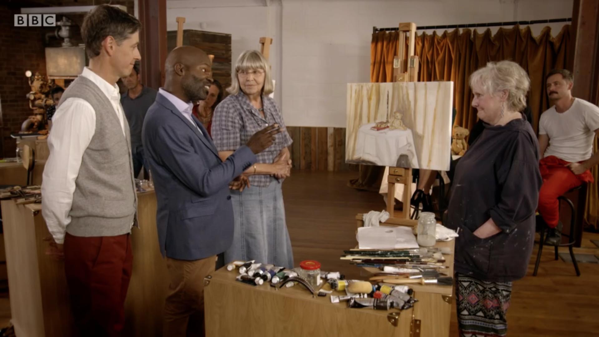 David Dibosa (second from left) reflects on a contestant's work on BBC One's Big Painting Challenge on Sunday 12 February 2017.