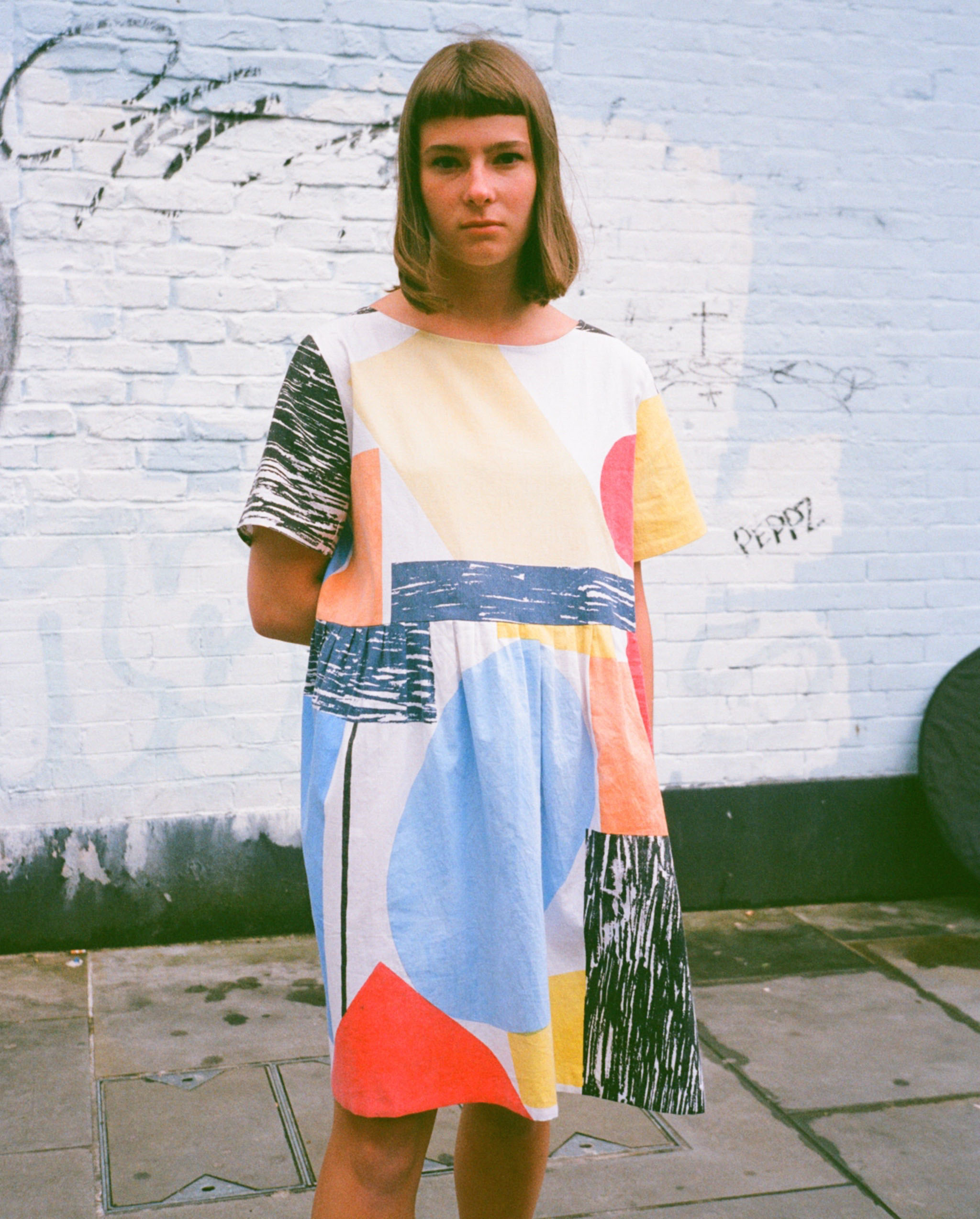 Screen printed 8 colour dress. Photo taken by @bluelaybourne