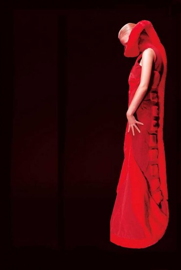 " red fake fur neurulation dress" from primitive streak collection 1997. Shot by Justine.