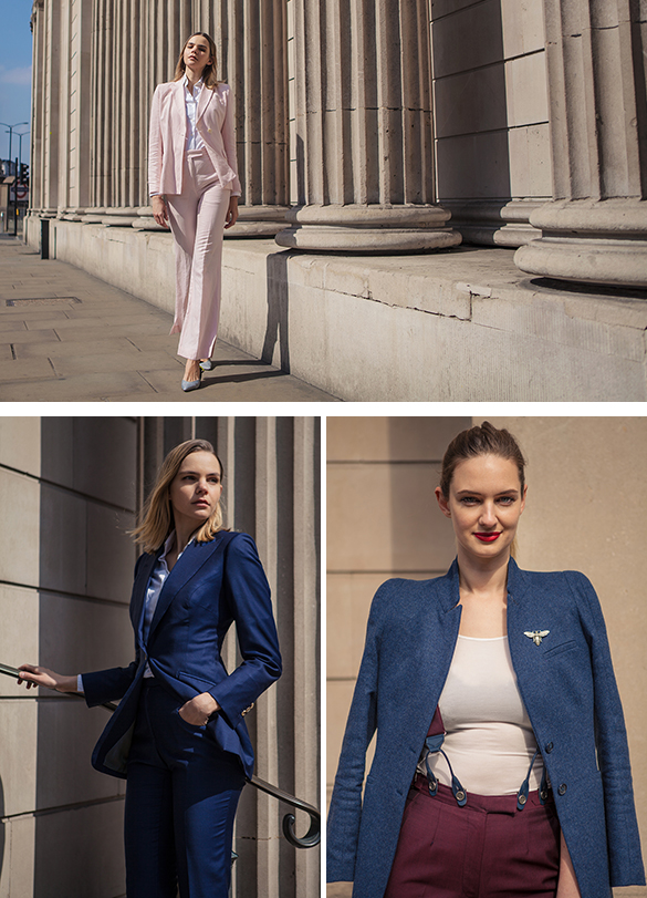 Three images of women walking in the city wearing tailored suits