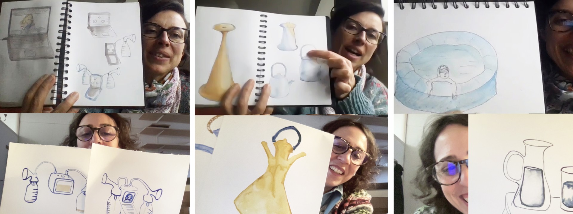 A person holdoing up different pages in a noteboomk of drawings