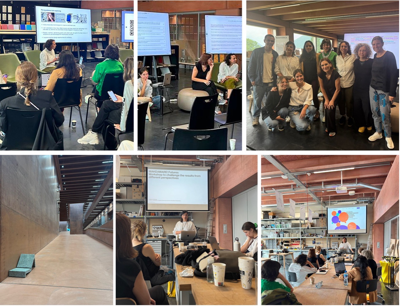 A tiled composite of images from an academic seminar, showing a group of students and staff engaging in learning and exchange, with screens and whiteboards