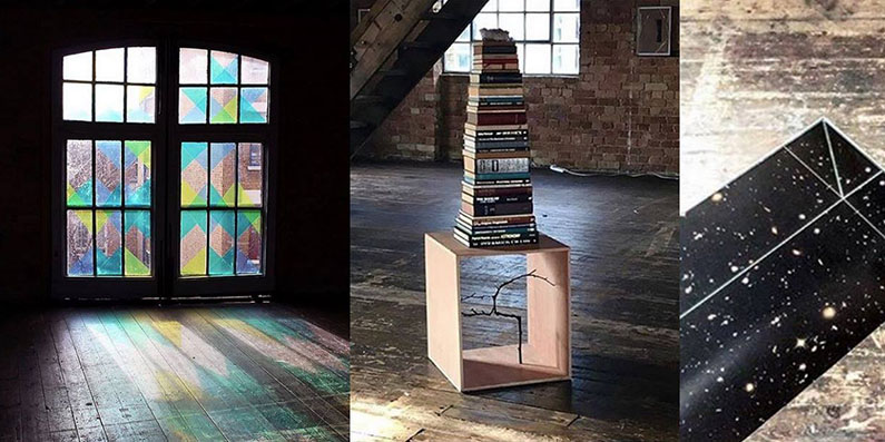 A triptic of images about thelight and the cosmos, a stained glass window, a pile of books, part of a start map