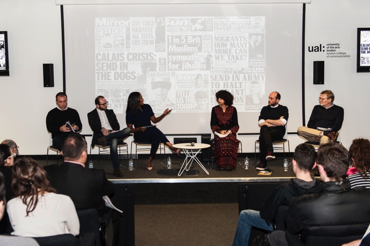 Beyond Borders panel (l-r): Tom Law, Abdulwahab Tahhan, chair Claudia-Liza Armah and Shahd Abusalama, Maurice A Wren. Image © Ana Escobar.