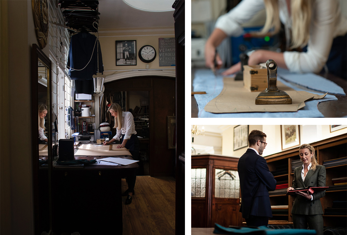 Three images of Caroline Andrew in her tailoring studio