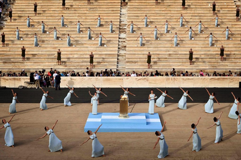 Priestesses perform during the handover ceremony of the Olympic flame at the Panathinean stadium in Athens, on April 27, 2016. Greece on April 27 handed over to Brazilian officials the Olympic flame of the Rio Games as the 100-day countdown to the August 5 opening ceremony begins. / AFP PHOTO / LOUISA GOULIAMAKILOUISA GOULIAMAKI/AFP/Getty Images ** OUTS - ELSENT, FPG, CM - OUTS * NM, PH, VA if sourced by CT, LA or MoD **
