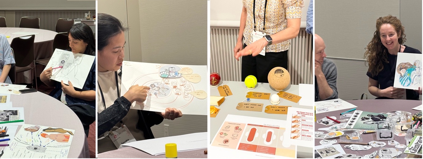 A row of shots from a workshop, with paper materials and people making and showing