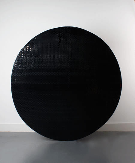 Nicky Teegan Void 2012 Woven VHS tape over a bent steel ring Ø 72 1/16 in. (Ø 183 cm) © Nicky Teegan Photo: the artist Courtesy White Cube 
