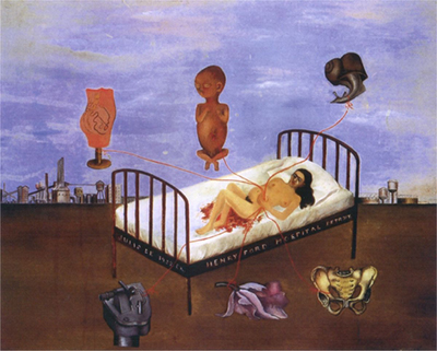 A painting by Frida Kahlo showing a woman lying in a hospital bed