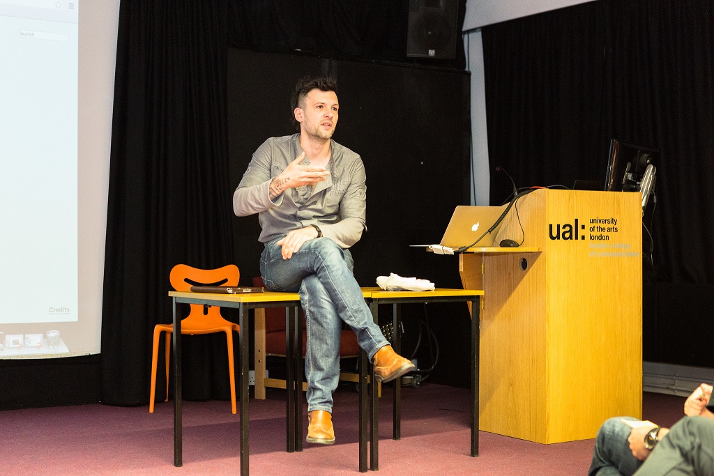 Brad Butler talks about his research at LCC's Graduate School Festival, May 2014. Image © Lewis Bush.