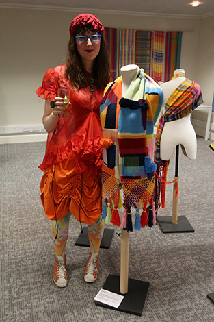 Rosie Danford-Phillips with her rebozo at the Made in Mexico exhibition at the Fashion and Textile Museum. Photography by Gavin Freeborn.