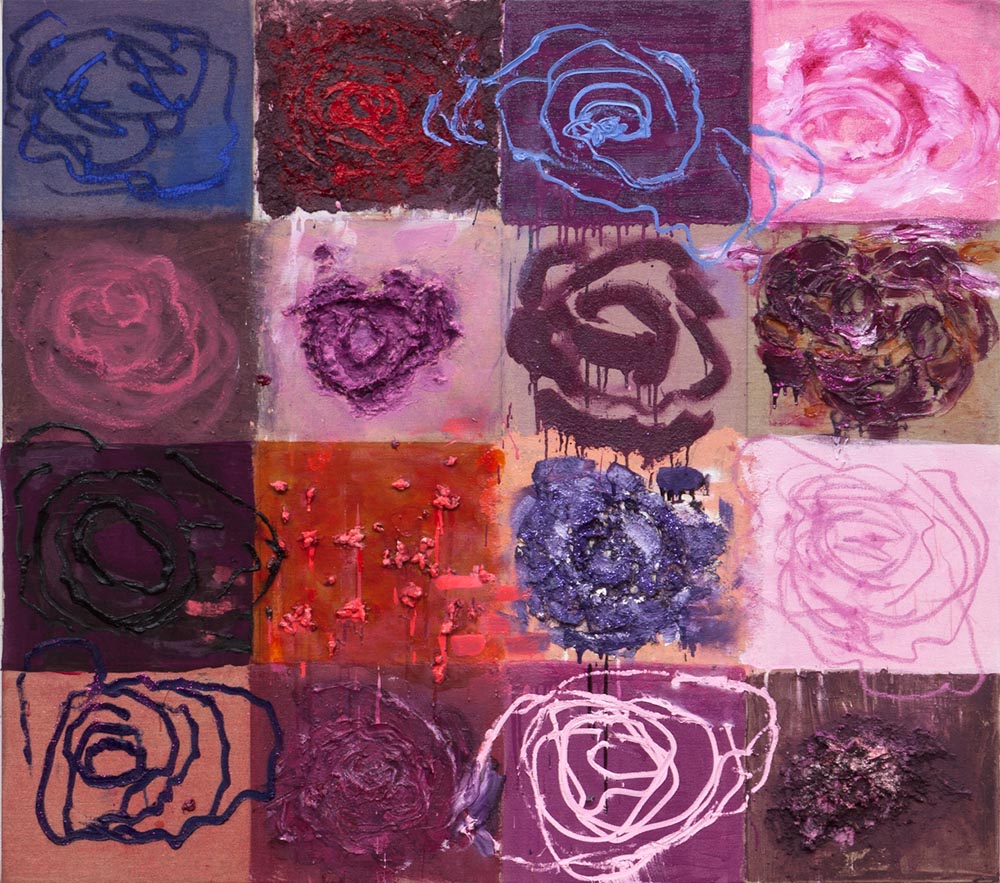 Joan Snyder, Rose Grid, 2015, oil, acrylic on linen, 4'x4.