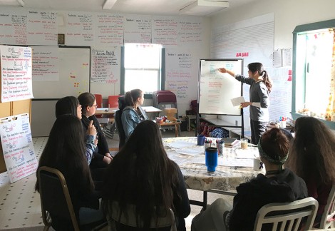 Teaching a crash course on the importance of hierarchy in layout design at the language-learning centre on Saint Paul Island, Alaska.