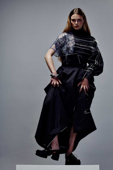 Womenswear by Seokwoo Lee, BA (Hons) Fashion Design Technology: Womenswear. Textiles by Amelia Potts, BA (Hons) Fashion Textiles: Embroidery. Photographer: James Rees , Creative Direction: Rob Phillips, Hair: Ezana Ové, Beauty: Kirsty Gaston