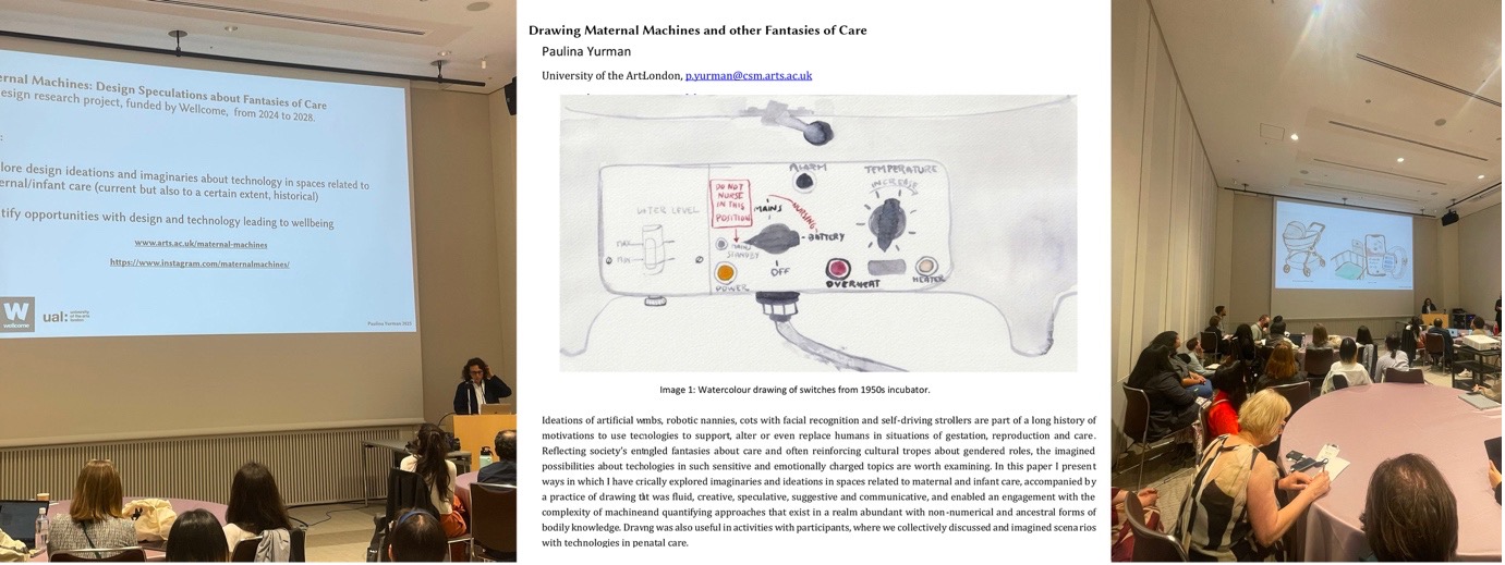 Screens with presentation material and a close up of an academic paper