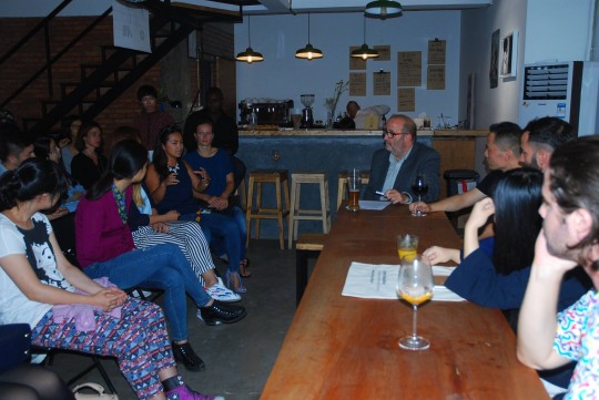 Simon Betts and UAL alumni panellists; Leonardo (LCC), Matjaz (LCF), Jess (Chelsea), Joe (CSM & Chelsea)