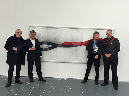 Artist Nigel Hall with Nigel Carrington, Vice-Chancellor UAL, Chris Wainwright, Pro Vice-Chancellor and Head of Camberwell, Chelsea and Wimbledon and Peter Murray, Director of Yorkshire Sculpture Park at the opening of the exhibition at Chelsea' Triangle Space.