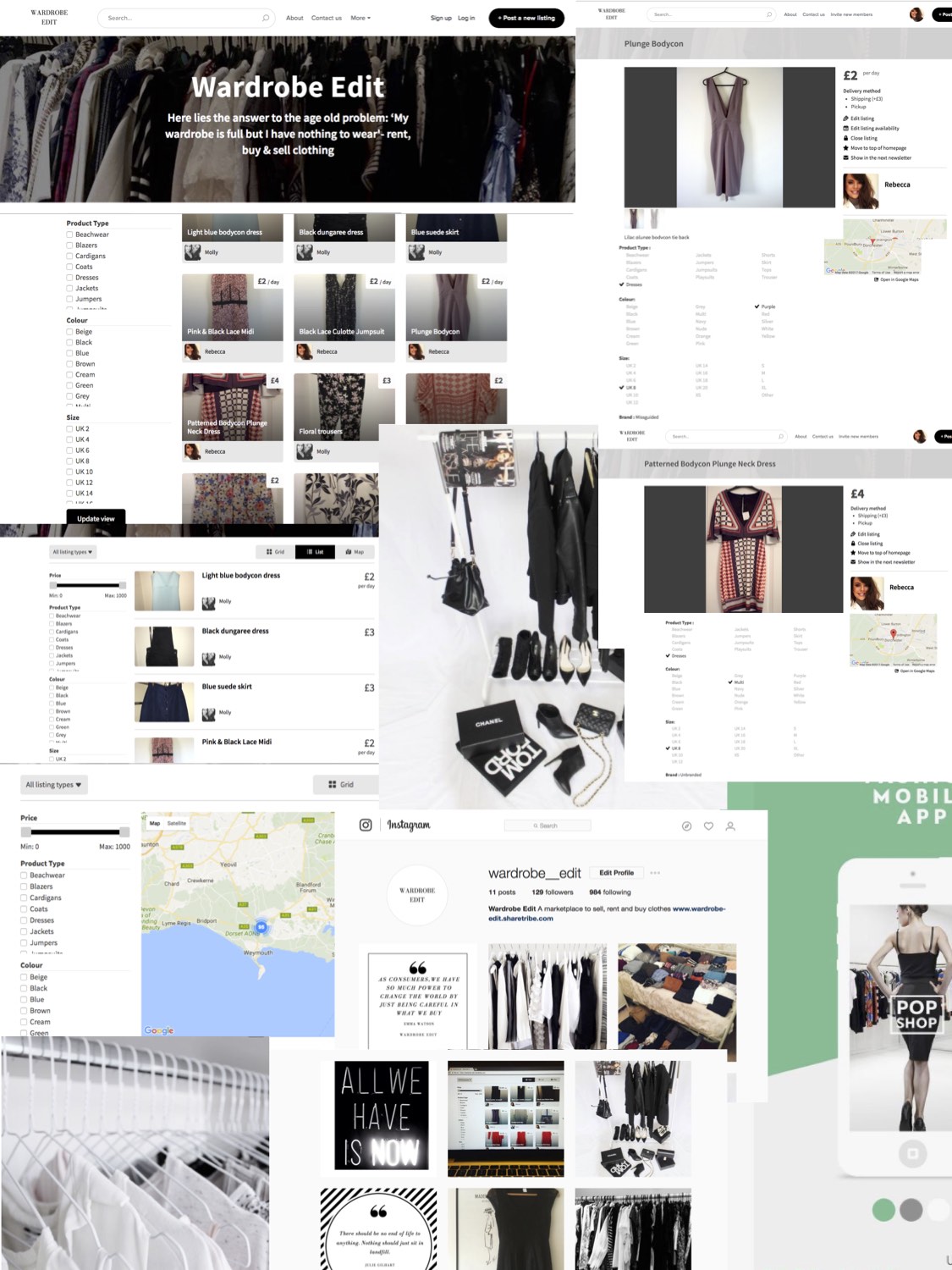 he Shift of Consumption is From Ownership to Access. Will the Sharing Economy Be Fundamental in Shaping a Sustainable Future for the Fashion Industry? Mood board of the marketplace by Rebecca Mercedes. 