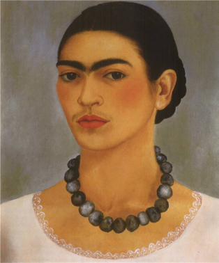 Sef portrait of Frida Kahlo, wearing a necklace