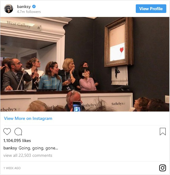 a tweet showing Banksy's painting self shredding