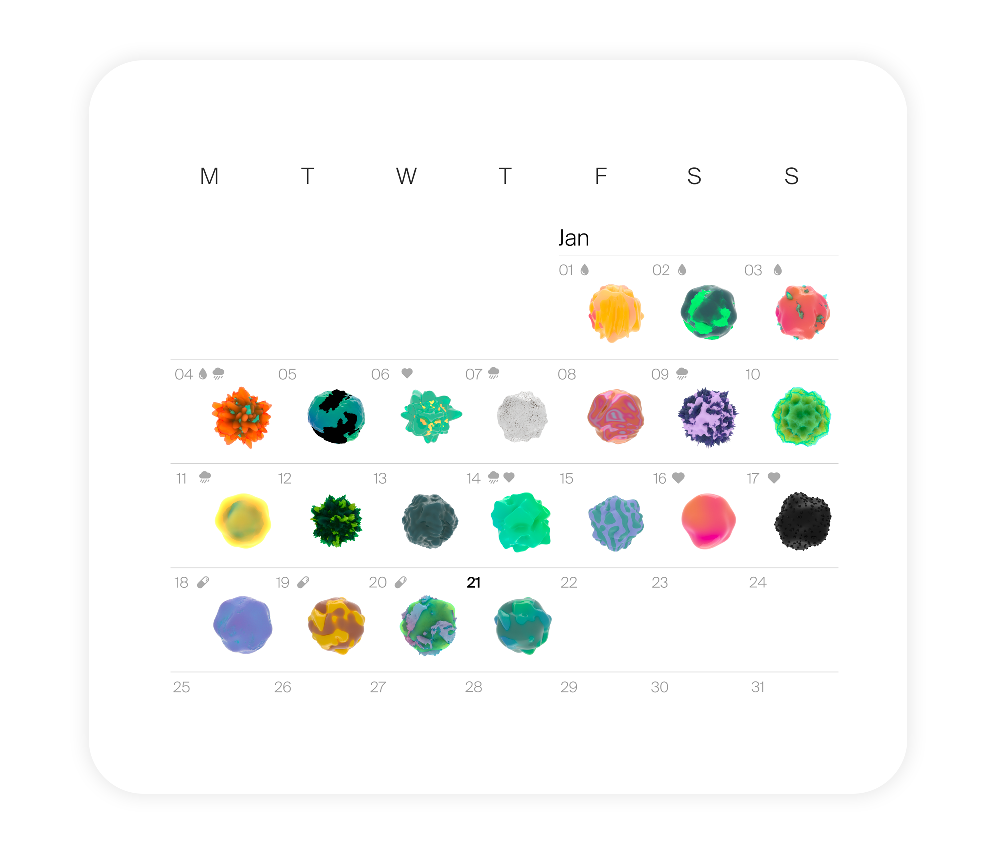 Calendar with decorative 3D visuals on each day.