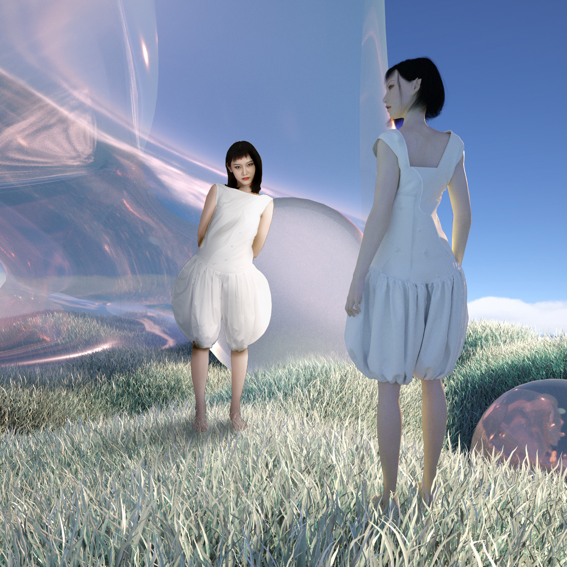Digitally rendered models posing in a fantasy world, next to an iridescent orb