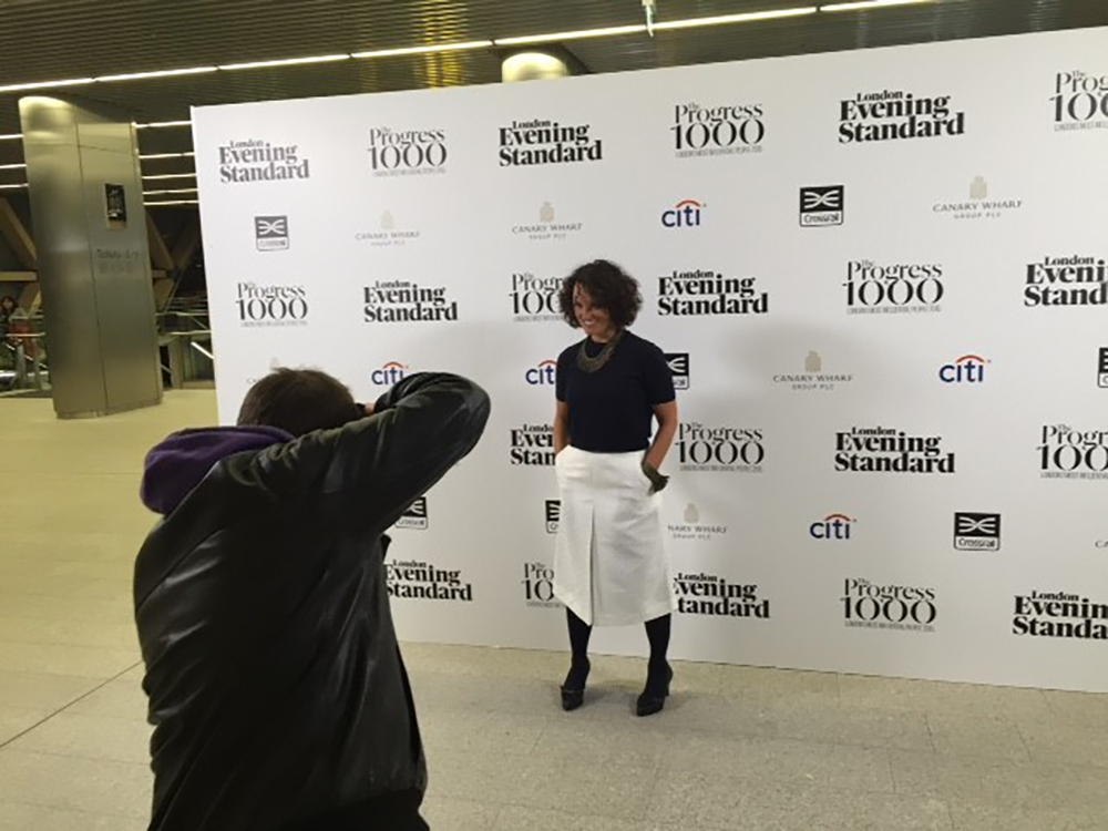 Professor Dilys Williams last night at the Progress 1000 celebrations at the new Canary Wharf Crossrail station.