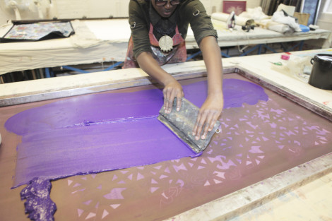 Chrissa working in the screen print studio at Chelsea, August 2014