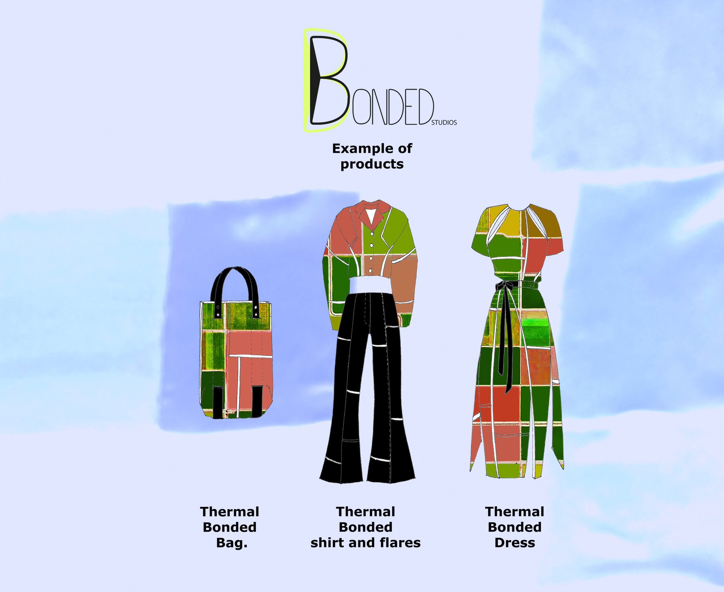 from left to right, thermal bag. thermal shirt and pants, thermal dress on a violet background