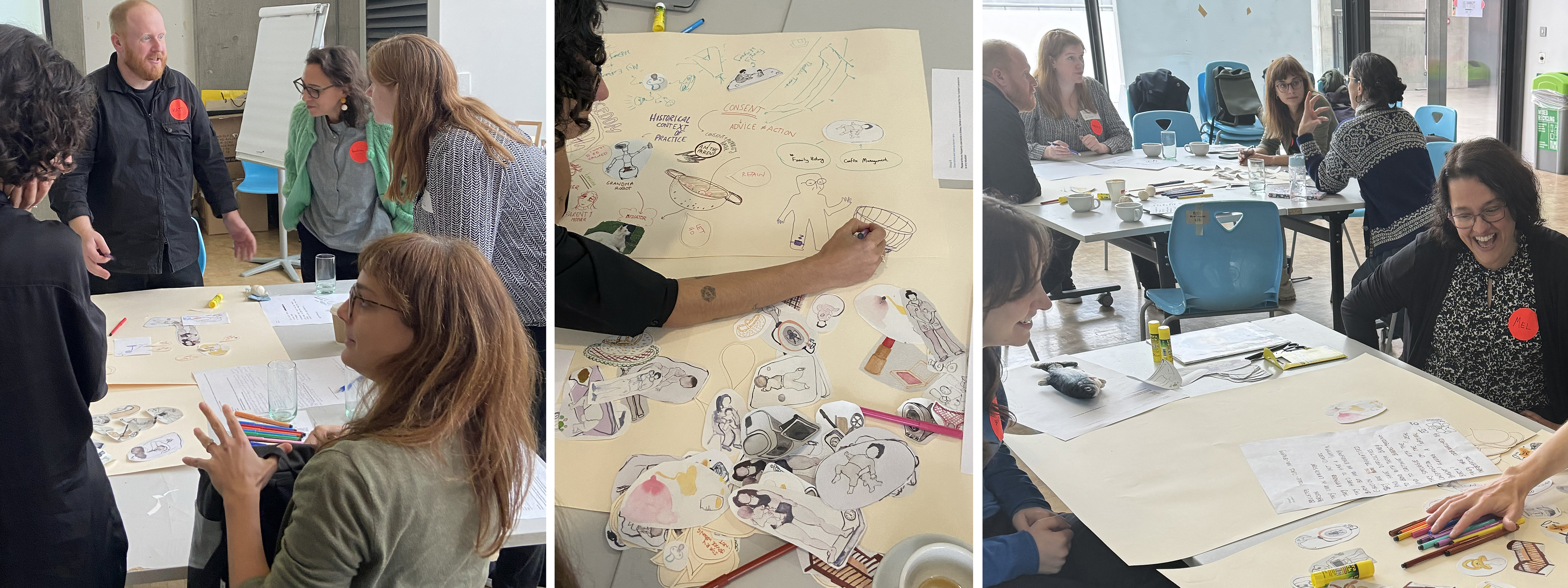 Group of researchers discussing and drawing in a workshop at CSM