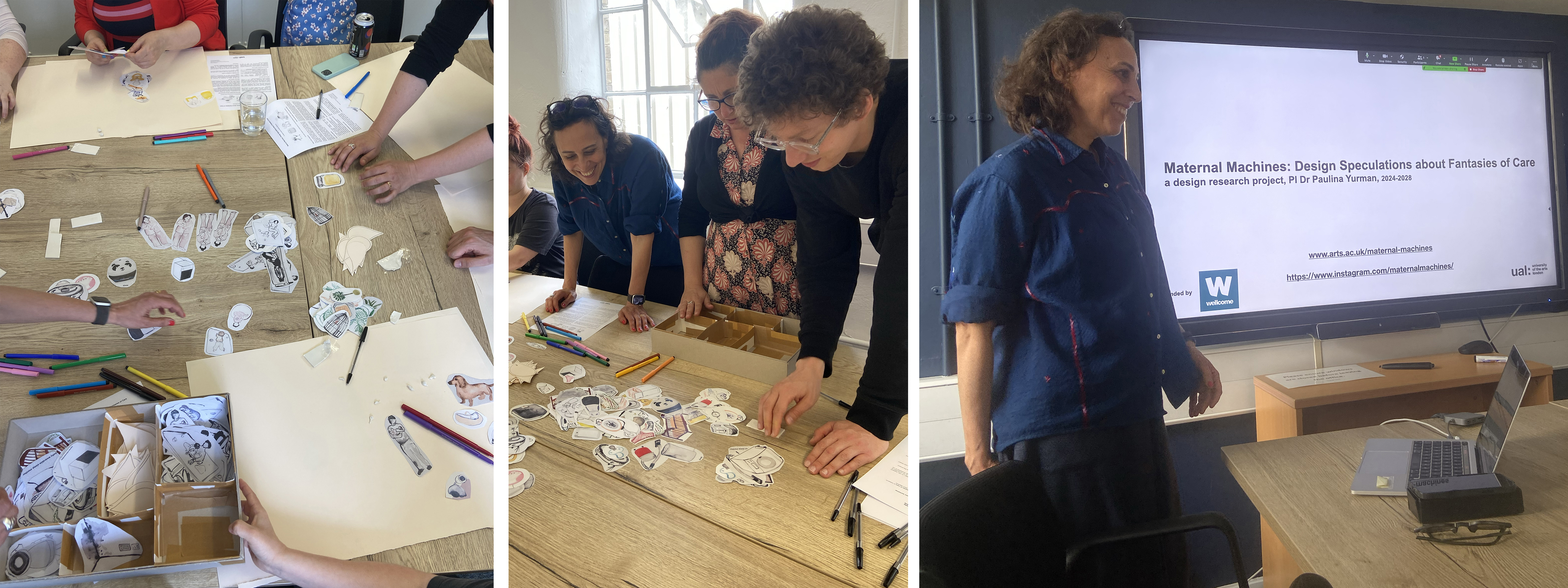 Group of researchers discussing and looking at drawn artefacts in a workshop, and Paulina Yurman presenting her research